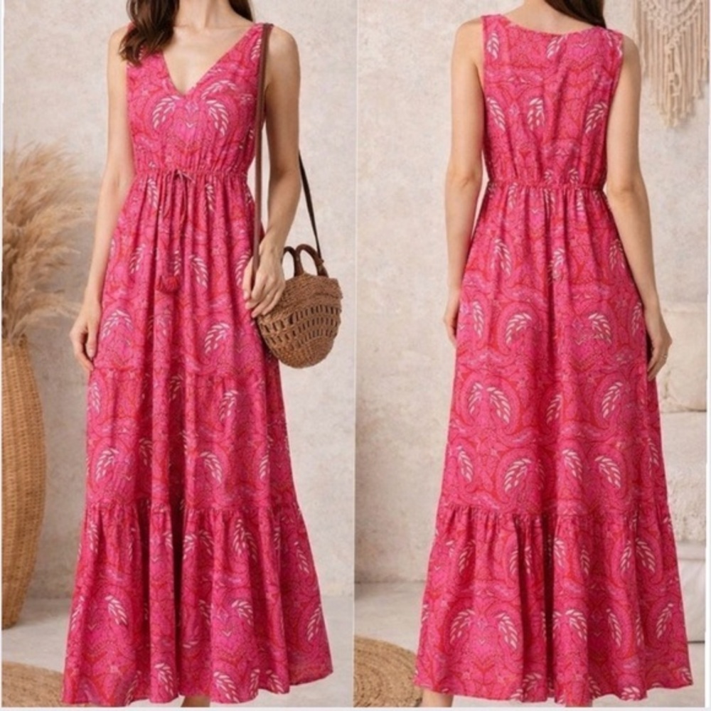 Figue Idira Cotton V-Neck Boho Maxi Dress in Pink